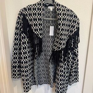 Grey Lab Monochrome Patterned Cardigan with Fringe